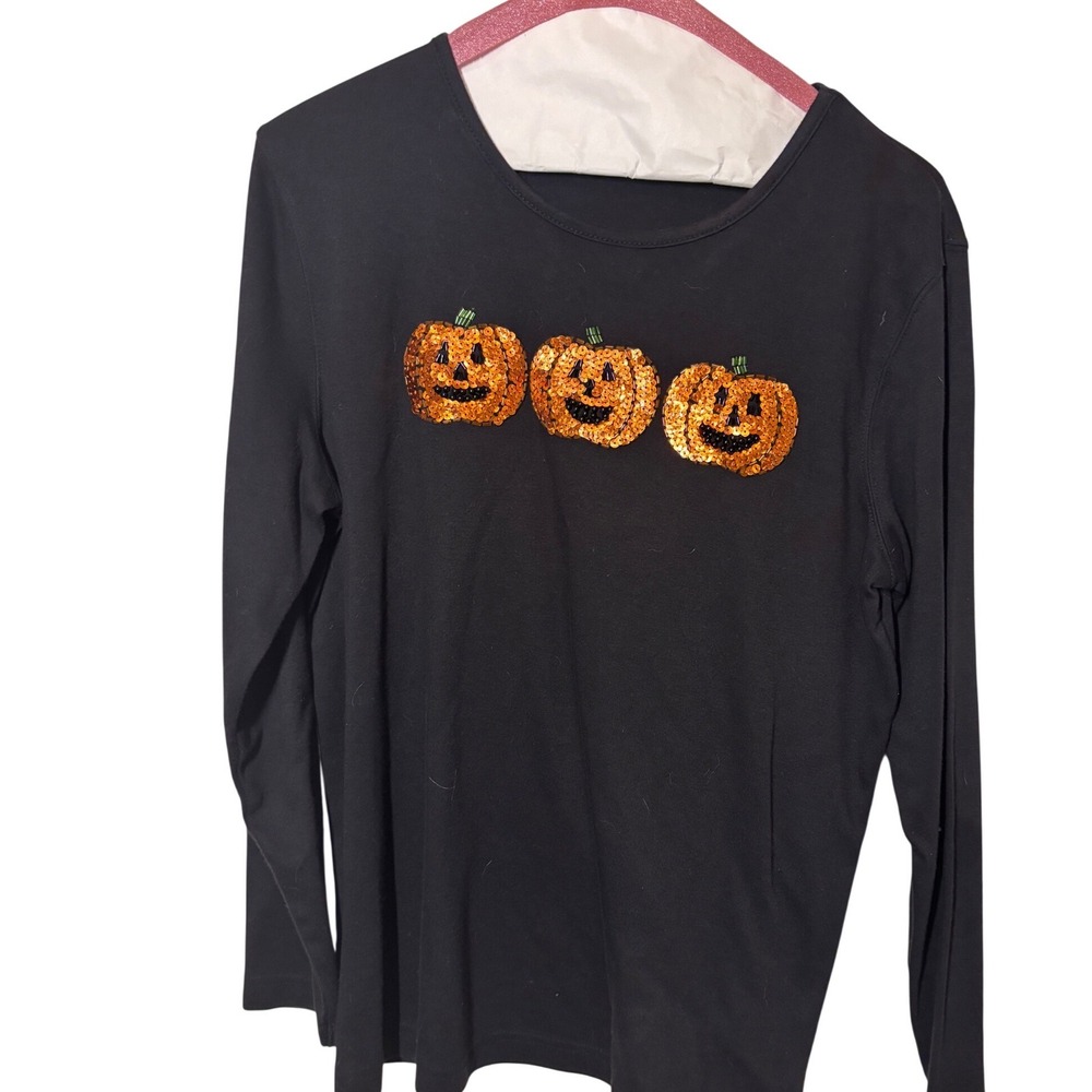 Mercer Street Studio Womens M Black Sequin Pumpkin Halloween Long Sleeve Top